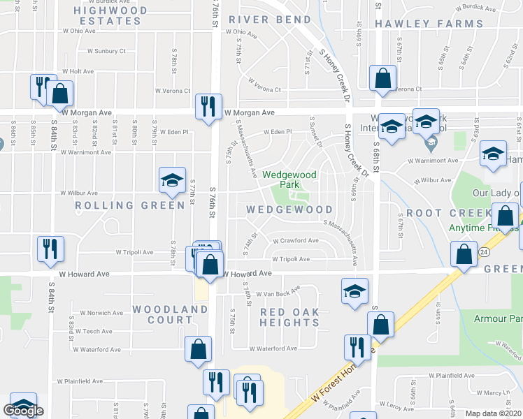 map of restaurants, bars, coffee shops, grocery stores, and more near 3731 South Massachusetts Avenue in Milwaukee