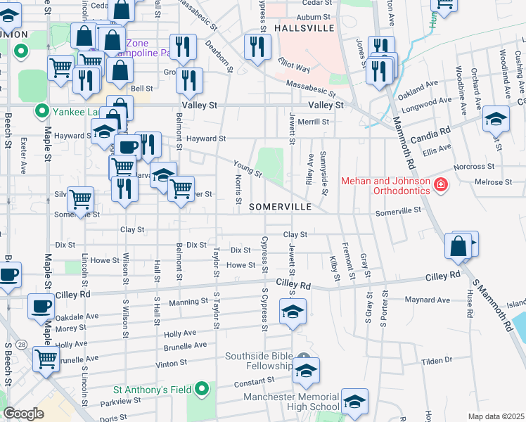 map of restaurants, bars, coffee shops, grocery stores, and more near 888 Somerville Street in Manchester