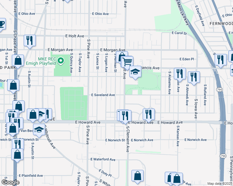 map of restaurants, bars, coffee shops, grocery stores, and more near 3730 South Herman Street in Milwaukee