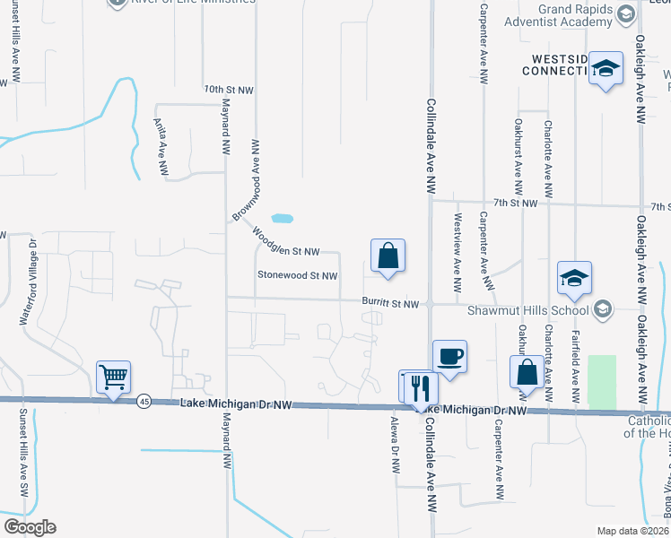 map of restaurants, bars, coffee shops, grocery stores, and more near 2901 Stonewood Street Northwest in Grand Rapids