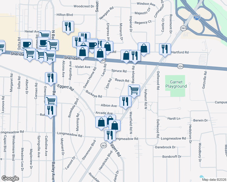 map of restaurants, bars, coffee shops, grocery stores, and more near 14 Hemlock Ln in Buffalo