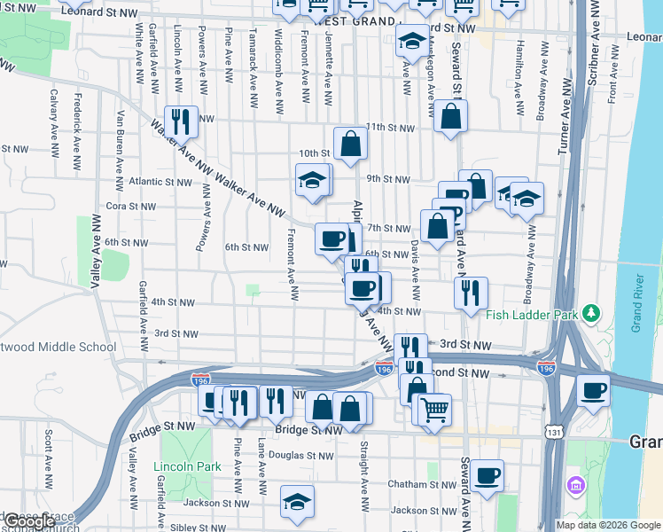 map of restaurants, bars, coffee shops, grocery stores, and more near 713 Stocking Avenue Northwest in Grand Rapids