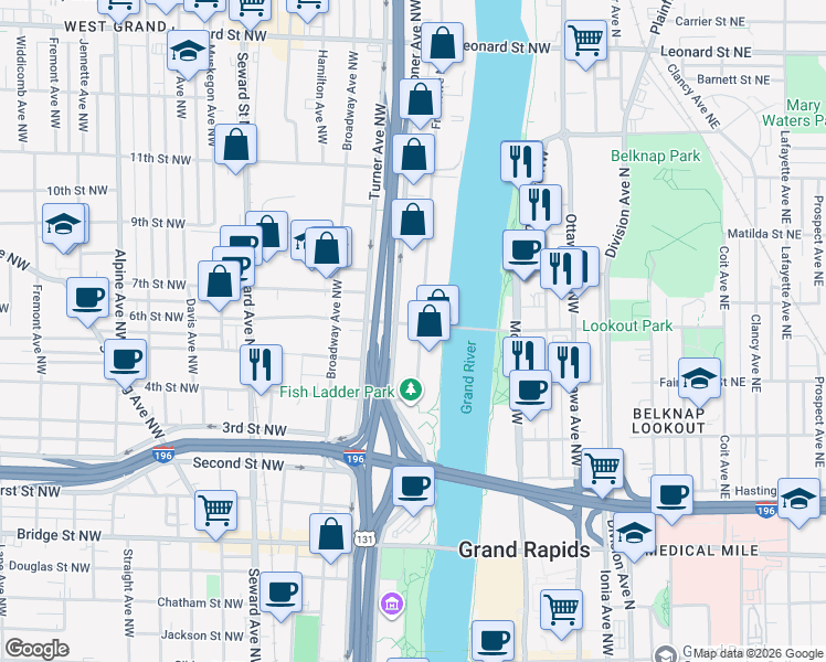 map of restaurants, bars, coffee shops, grocery stores, and more near 731 Front Avenue Northwest in Grand Rapids