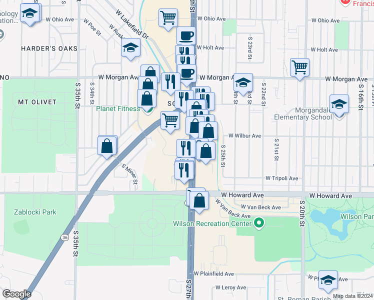 map of restaurants, bars, coffee shops, grocery stores, and more near 3737 South 27th Street in Milwaukee