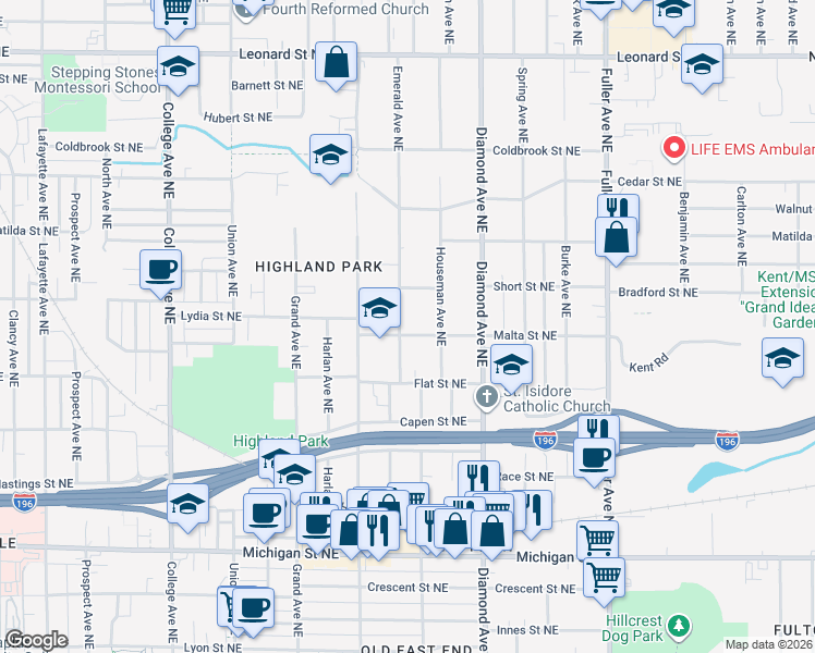map of restaurants, bars, coffee shops, grocery stores, and more near 871 Malta Street Northeast in Grand Rapids