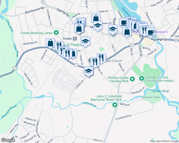 map of restaurants, bars, coffee shops, grocery stores, and more near 17 Linden Street in Exeter
