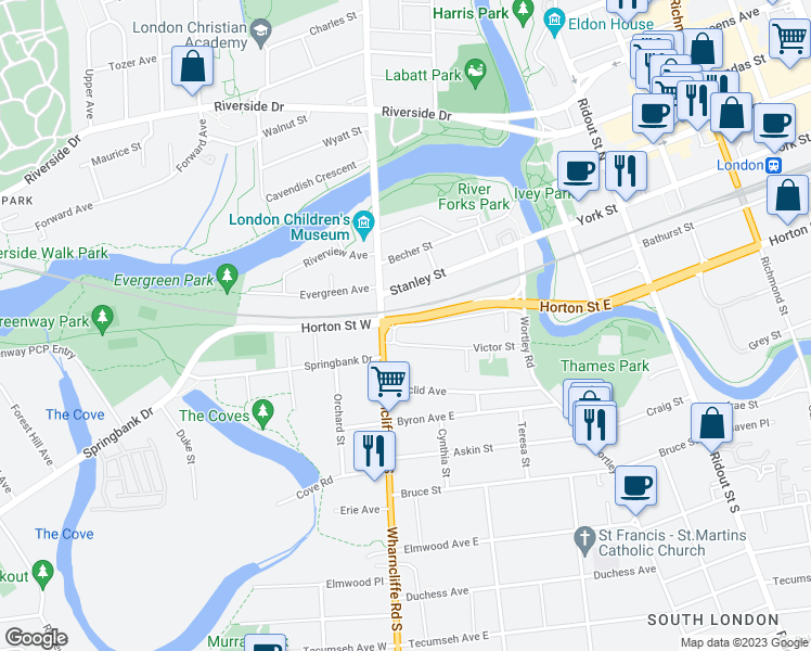 map of restaurants, bars, coffee shops, grocery stores, and more near 69 Beaconsfield Avenue in London