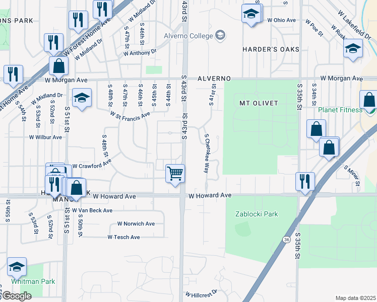 map of restaurants, bars, coffee shops, grocery stores, and more near 3728 South 43rd Street in Milwaukee