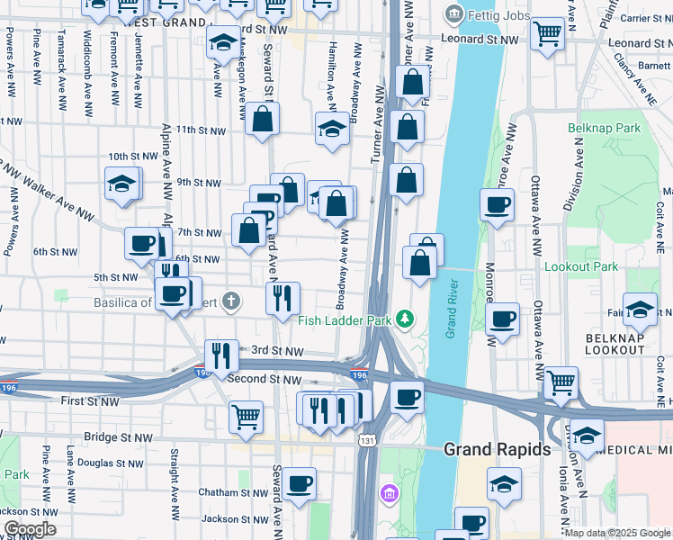 map of restaurants, bars, coffee shops, grocery stores, and more near 731 Broadway Avenue Northwest in Grand Rapids