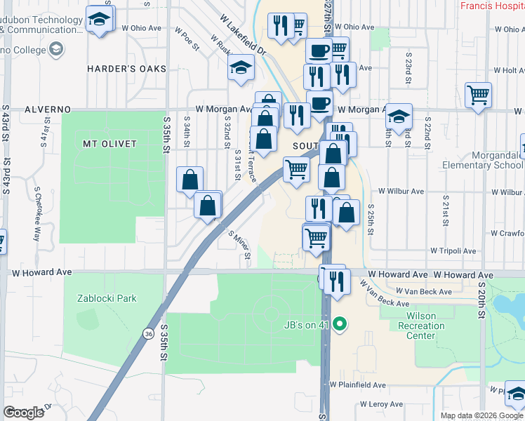 map of restaurants, bars, coffee shops, grocery stores, and more near 3051 West Fardale Avenue in Milwaukee