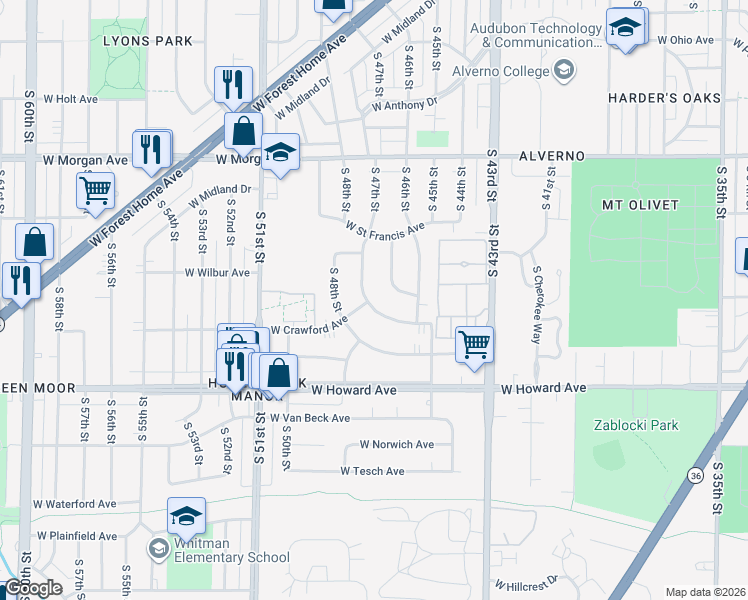 map of restaurants, bars, coffee shops, grocery stores, and more near 3746 South 47th Street in Milwaukee