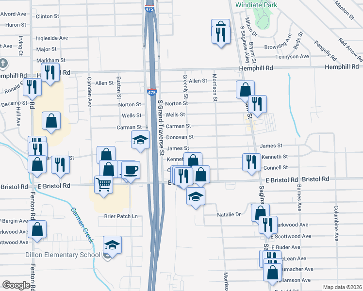 map of restaurants, bars, coffee shops, grocery stores, and more near 1374 James Street in Burton