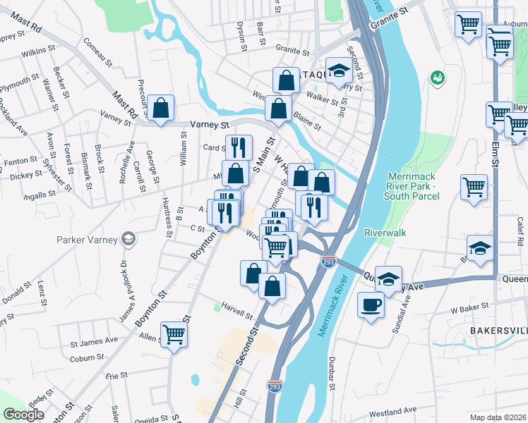 map of restaurants, bars, coffee shops, grocery stores, and more near 140 Dartmouth Street in Manchester