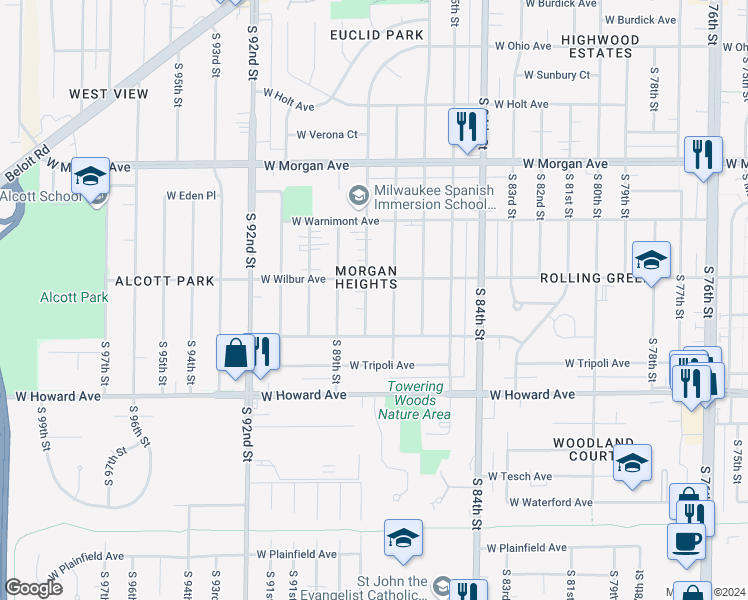 map of restaurants, bars, coffee shops, grocery stores, and more near 3728 South 88th Street in Milwaukee