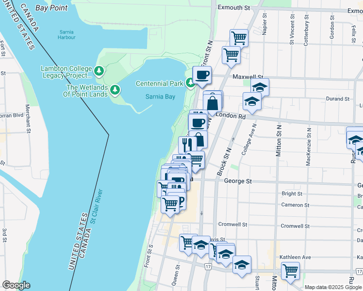 map of restaurants, bars, coffee shops, grocery stores, and more near 297 Front Street North in Sarnia