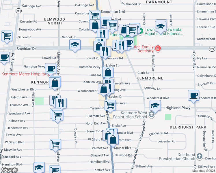 map of restaurants, bars, coffee shops, grocery stores, and more near 3385 Delaware Avenue in Buffalo