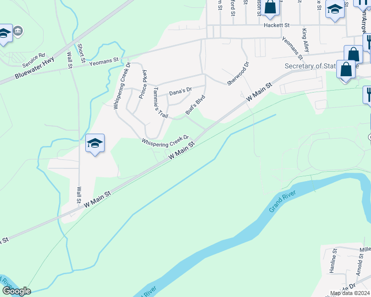 map of restaurants, bars, coffee shops, grocery stores, and more near West Main Street in Ionia