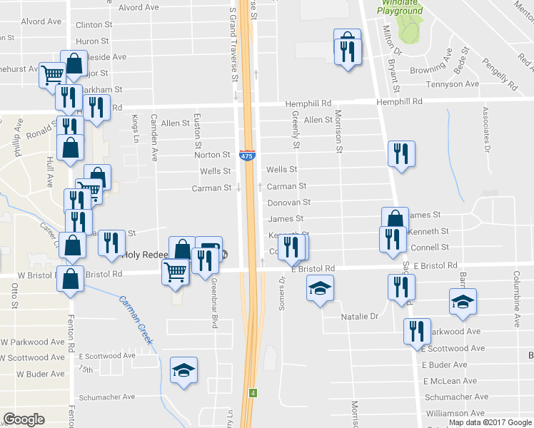 map of restaurants, bars, coffee shops, grocery stores, and more near 1315 James Street in Burton