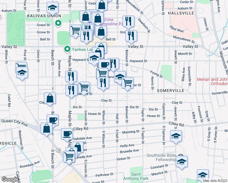 map of restaurants, bars, coffee shops, grocery stores, and more near 130 Hall Street in Manchester
