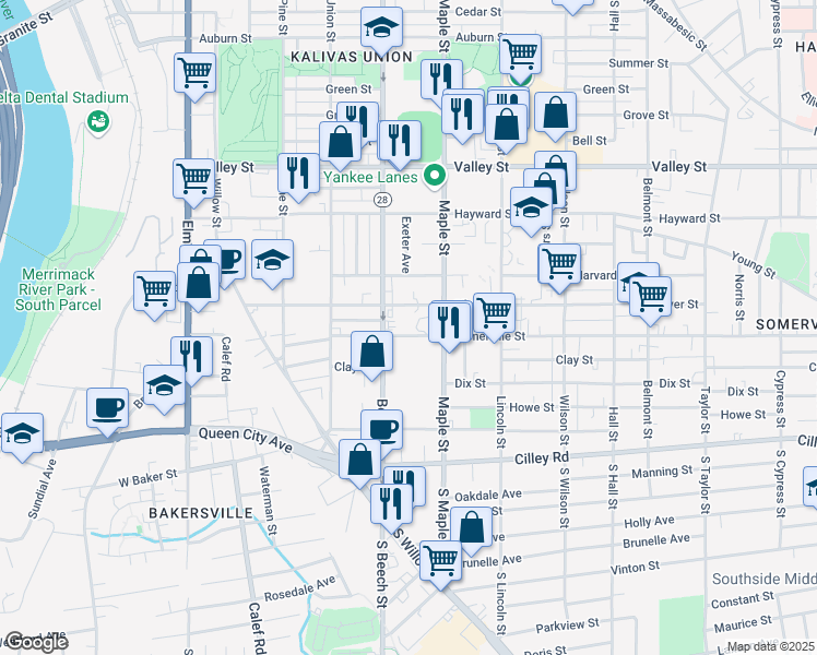 map of restaurants, bars, coffee shops, grocery stores, and more near 336 Somerville Street in Manchester