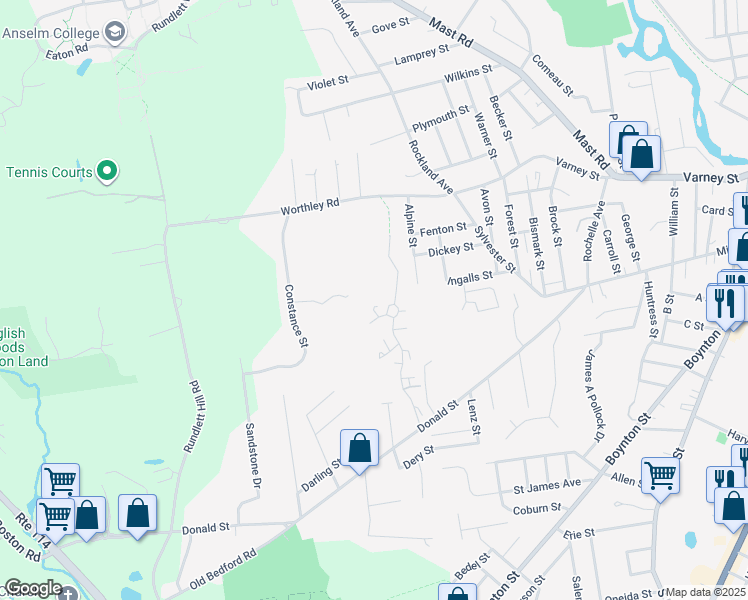 map of restaurants, bars, coffee shops, grocery stores, and more near 21 Evening Star Lane in Bedford