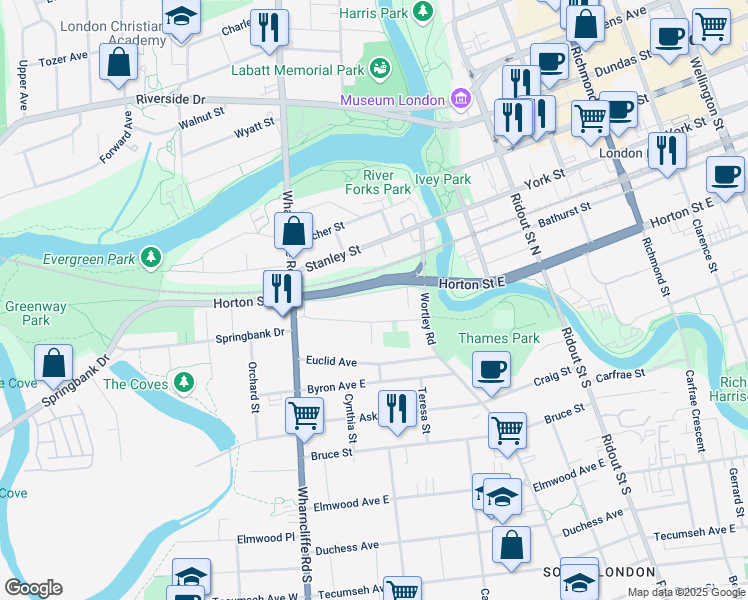 map of restaurants, bars, coffee shops, grocery stores, and more near 44 Victor Street in London