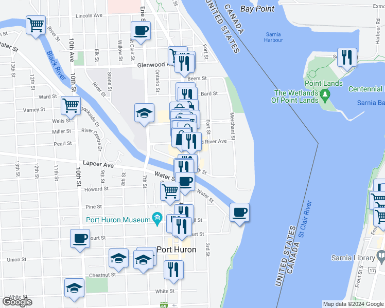 map of restaurants, bars, coffee shops, grocery stores, and more near 208 Huron Avenue in Port Huron