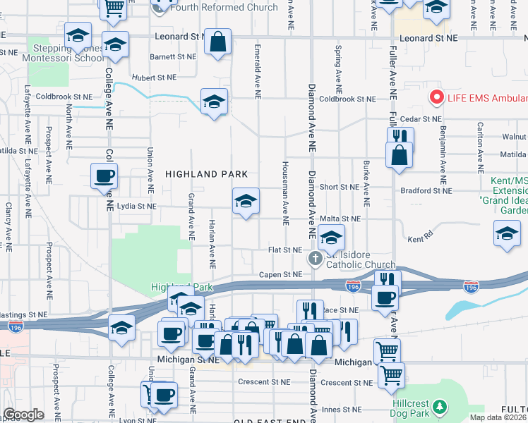 map of restaurants, bars, coffee shops, grocery stores, and more near 871 Malta Street Northeast in Grand Rapids