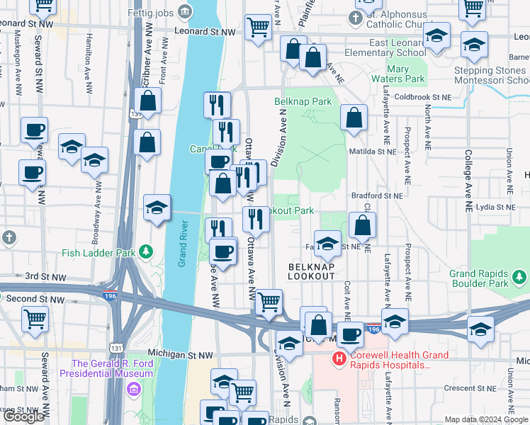 map of restaurants, bars, coffee shops, grocery stores, and more near 739 Ionia Ave NW in Grand Rapids