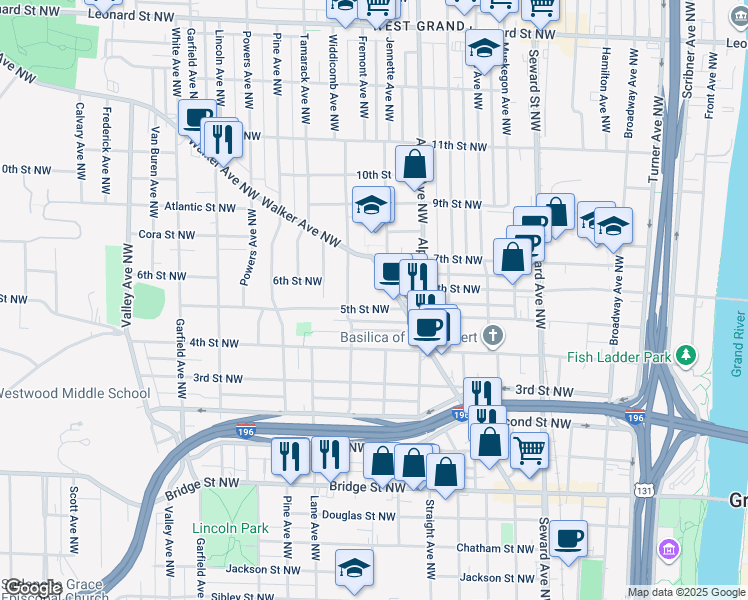 map of restaurants, bars, coffee shops, grocery stores, and more near 869 5th Street Northwest in Grand Rapids