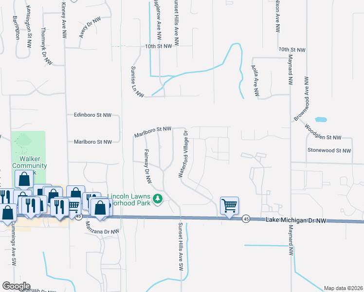 map of restaurants, bars, coffee shops, grocery stores, and more near 629 Lincoln Lawns Drive Northwest in Grand Rapids