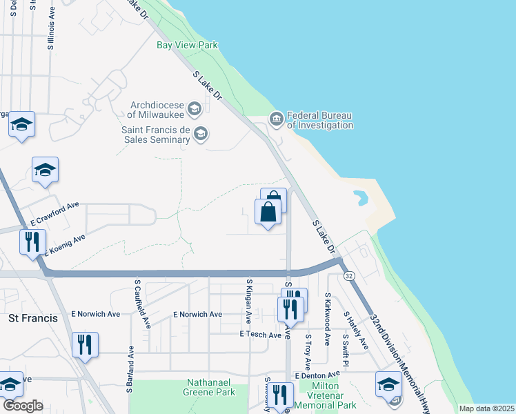 map of restaurants, bars, coffee shops, grocery stores, and more near 3476 East Koenig Avenue in Saint Francis