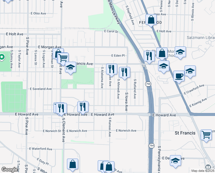 map of restaurants, bars, coffee shops, grocery stores, and more near 3728 South Alabama Avenue in Milwaukee