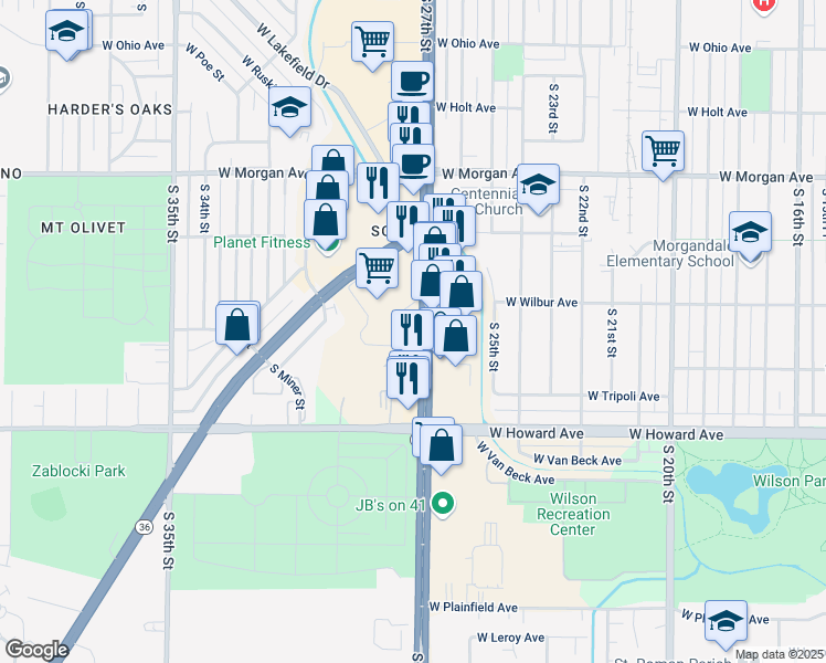 map of restaurants, bars, coffee shops, grocery stores, and more near 3737 South 27th Street in Milwaukee