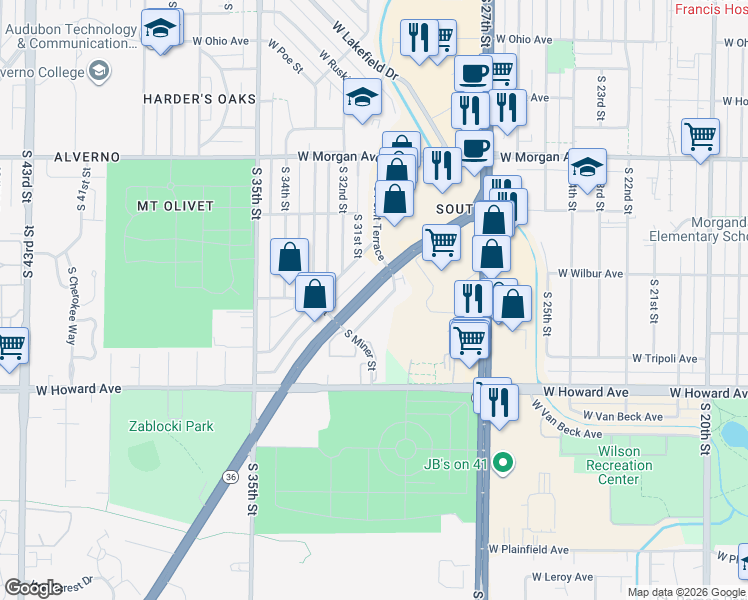 map of restaurants, bars, coffee shops, grocery stores, and more near 3051 West Fardale Avenue in Milwaukee