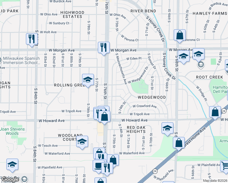 map of restaurants, bars, coffee shops, grocery stores, and more near 7440 West Crawford Avenue in Milwaukee