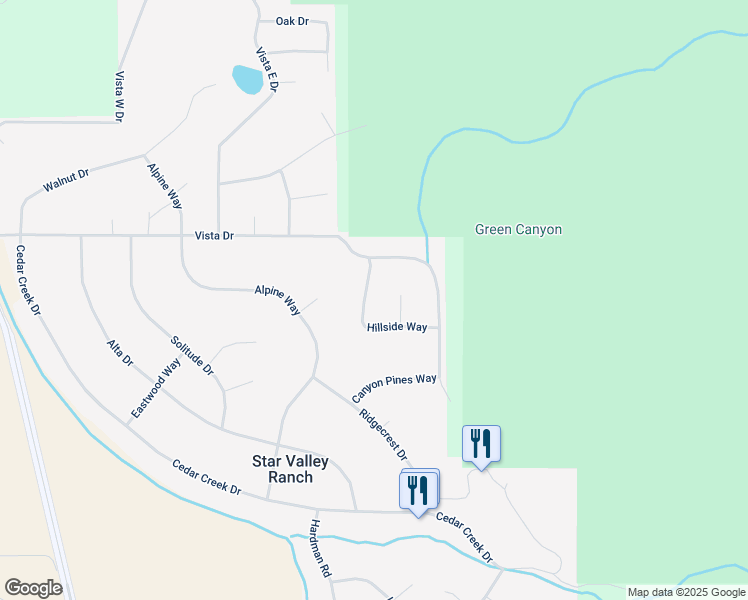 map of restaurants, bars, coffee shops, grocery stores, and more near 73-111 Hillside Way in Star Valley Ranch