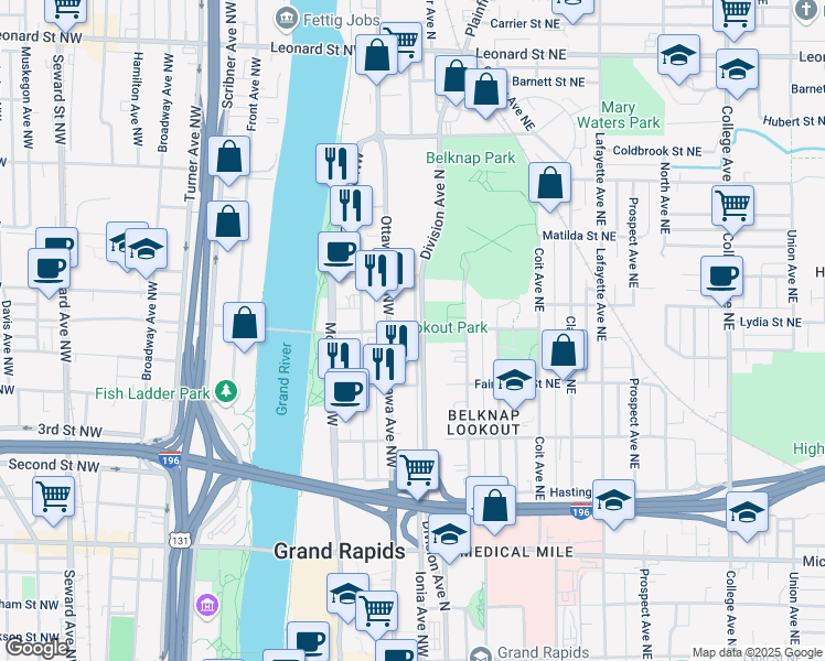 map of restaurants, bars, coffee shops, grocery stores, and more near 739 Ionia Ave NW in Grand Rapids