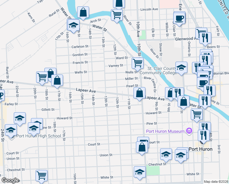 map of restaurants, bars, coffee shops, grocery stores, and more near 1210 Lapeer Avenue in Port Huron