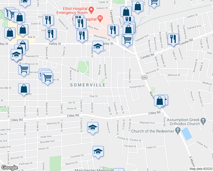 map of restaurants, bars, coffee shops, grocery stores, and more near 456 Young Street in Manchester