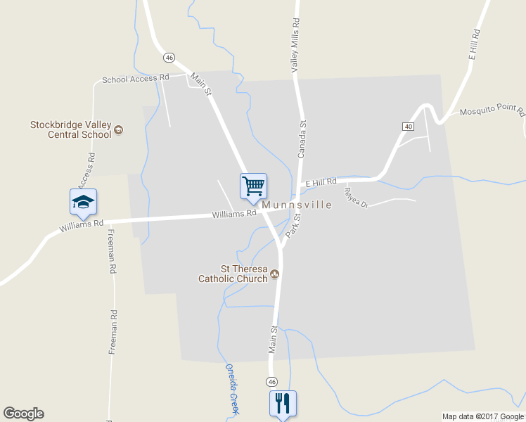 map of restaurants, bars, coffee shops, grocery stores, and more near Main Street & Williams Road in Munnsville