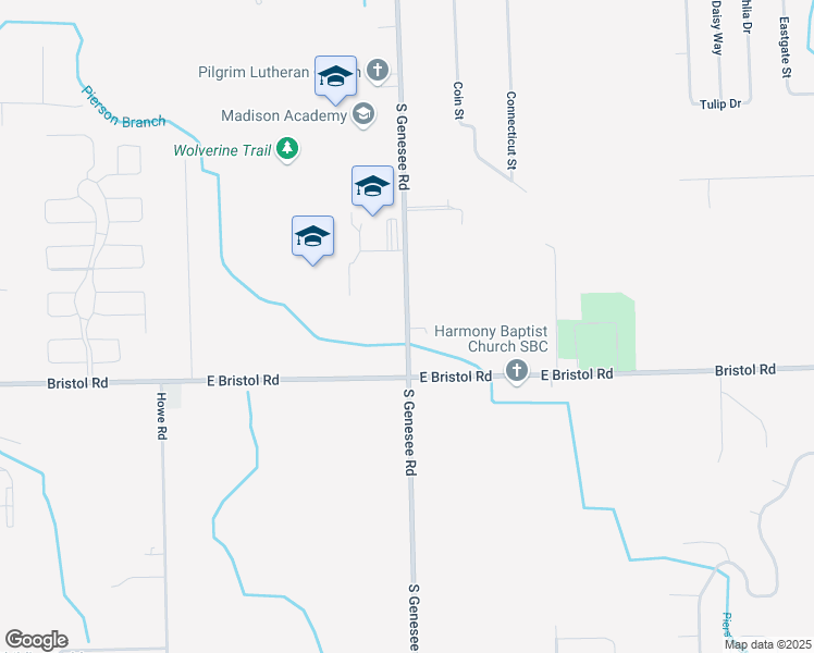 map of restaurants, bars, coffee shops, grocery stores, and more near 3444 South Genesee Road in Burton