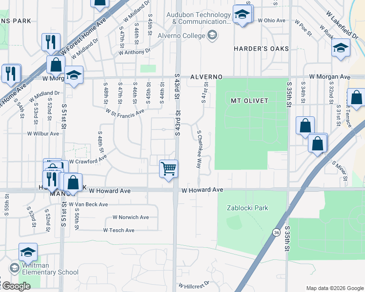 map of restaurants, bars, coffee shops, grocery stores, and more near 3728 South 43rd Street in Milwaukee