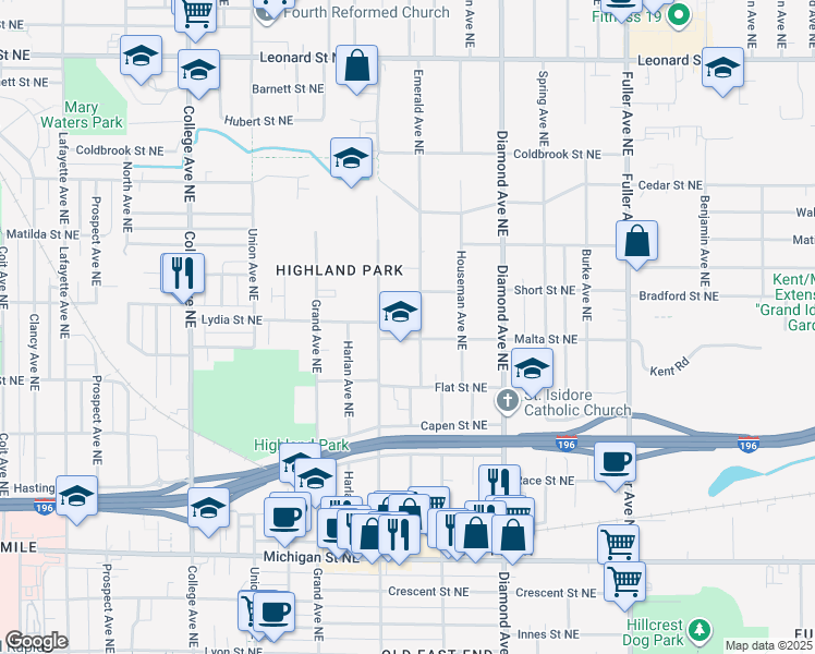 map of restaurants, bars, coffee shops, grocery stores, and more near 811 Emerald Avenue Northeast in Grand Rapids
