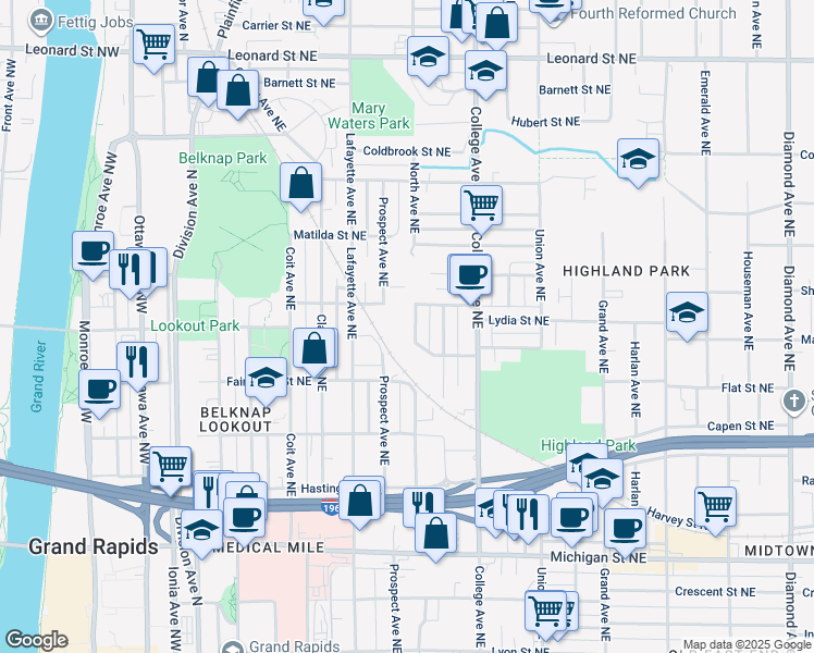 map of restaurants, bars, coffee shops, grocery stores, and more near 751 North Avenue Northeast in Grand Rapids