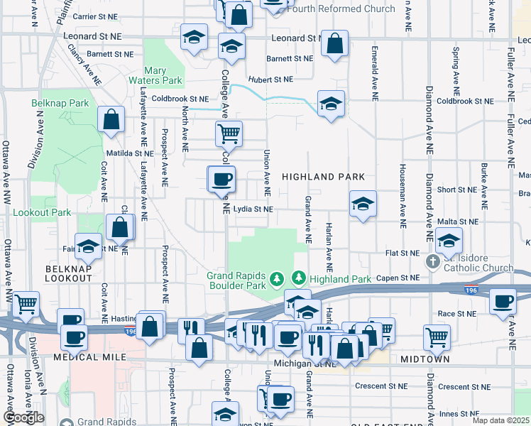 map of restaurants, bars, coffee shops, grocery stores, and more near 560 Lydia Street Northeast in Grand Rapids