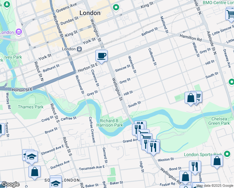 map of restaurants, bars, coffee shops, grocery stores, and more near 127 Wellington Street in London