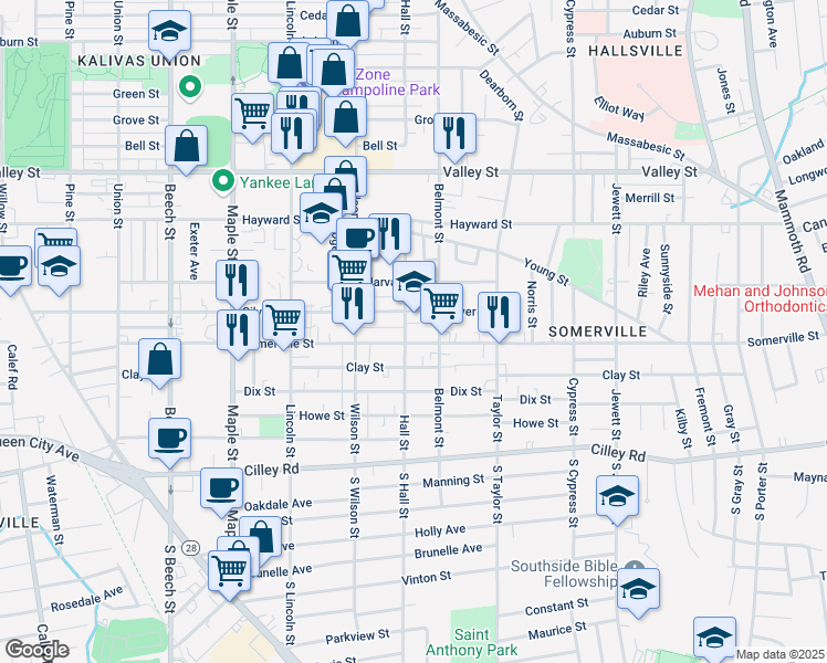 map of restaurants, bars, coffee shops, grocery stores, and more near 130 Hall Street in Manchester