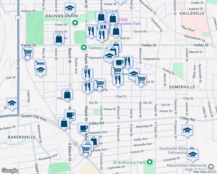 map of restaurants, bars, coffee shops, grocery stores, and more near 521 Somerville Street in Manchester