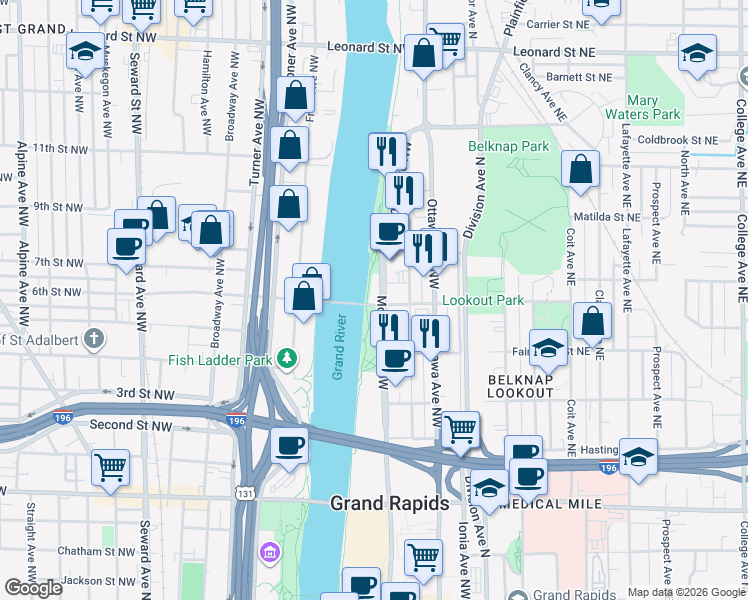 map of restaurants, bars, coffee shops, grocery stores, and more near 801 Monroe Avenue Northwest in Grand Rapids